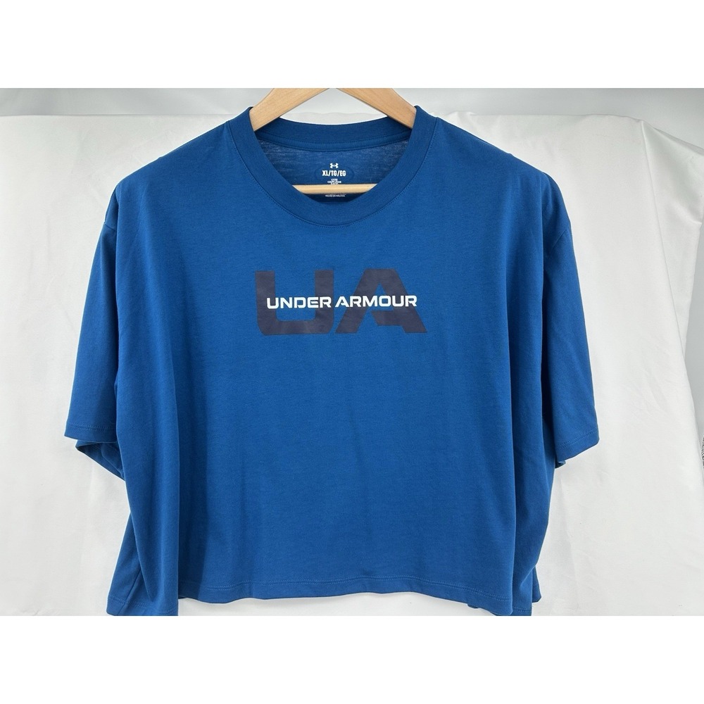Under Armour Women's Boxy‎ Crop Top Size XL Short Sleeve Shirt Blue Logo
